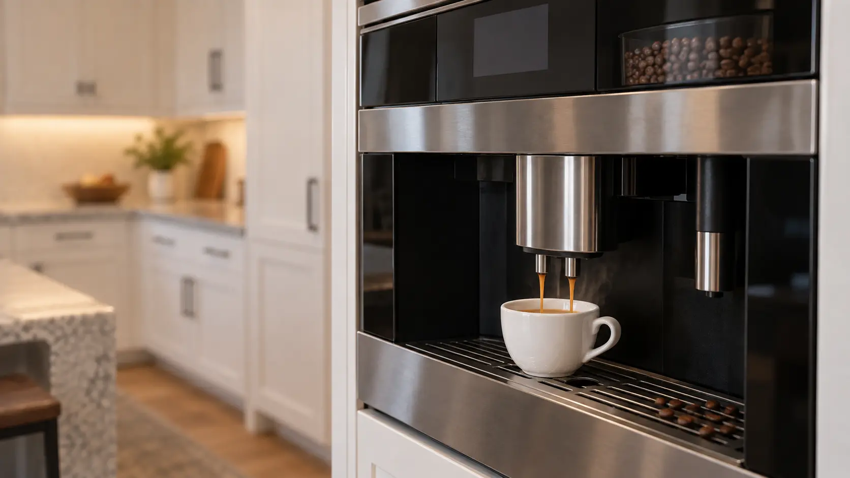 A kitchen with a built-in coffee machine in a tall cabinet and white shaker cabinets, seen close at the coffee machine's spouts.