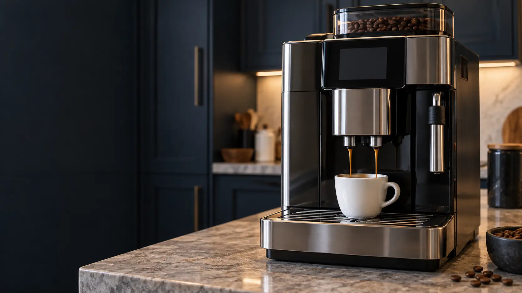 A kitchen with a countertop coffee machine on the counter and navy painted cabinets, seen close at the coffee machine's spouts.