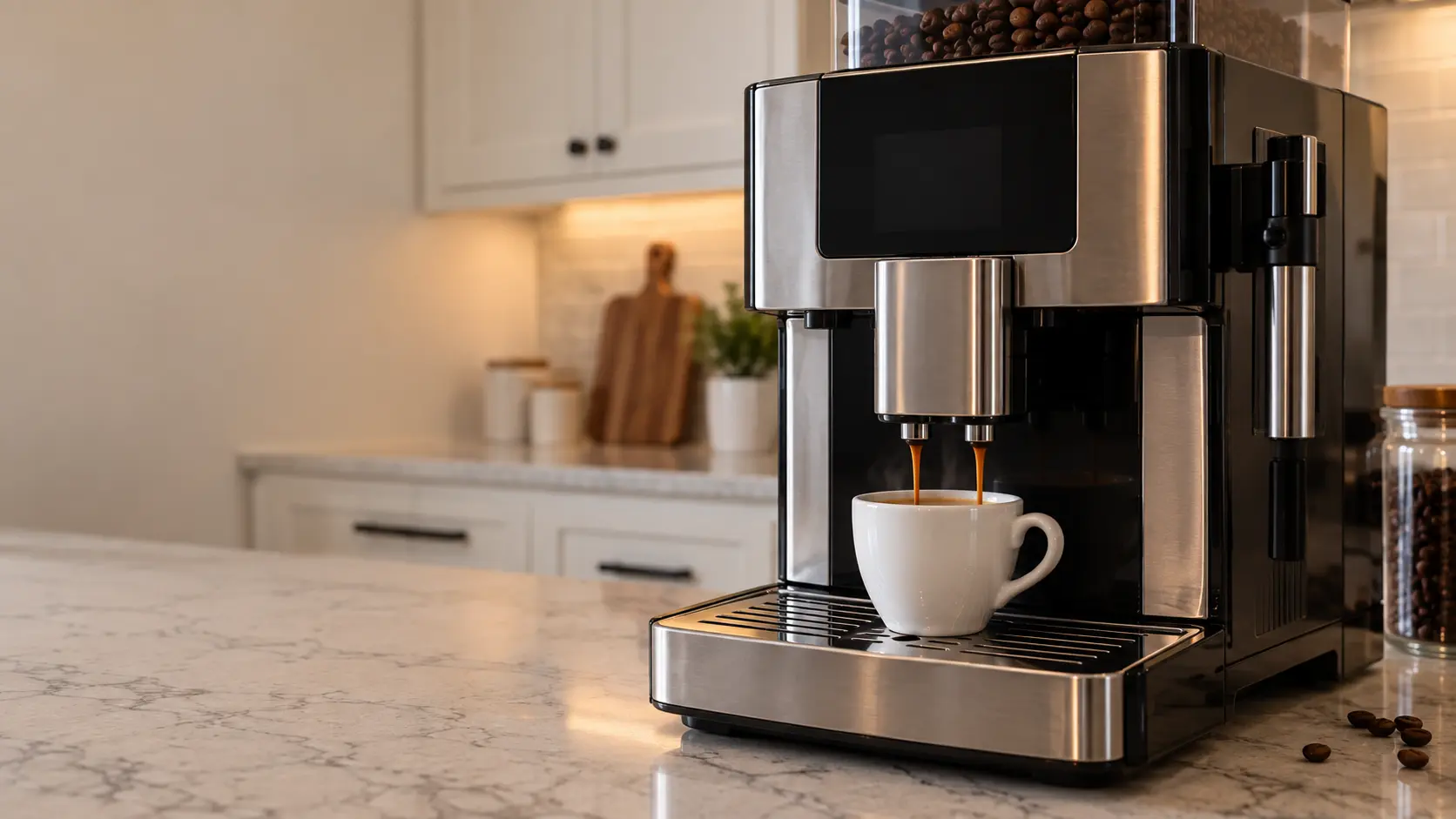 A kitchen island with a countertop coffee machine on it and white shaker cabinets, seen close at the coffee machine's spouts.
