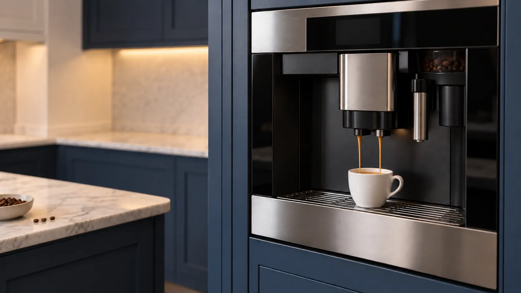 A kitchen with a built-in coffee machine in a tall cabinet and navy painted cabinets, seen close at the coffee machine's spouts.
