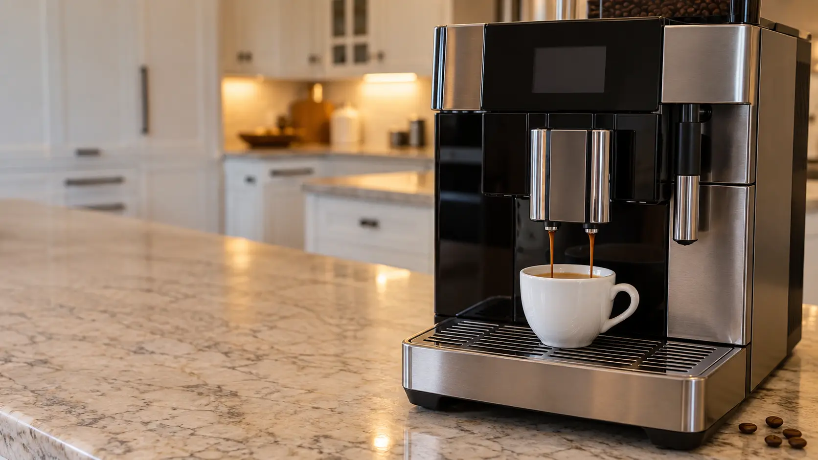 A kitchen with a countertop coffee machine on the counter and white shaker cabinets, seen close at the coffee machine's spouts.