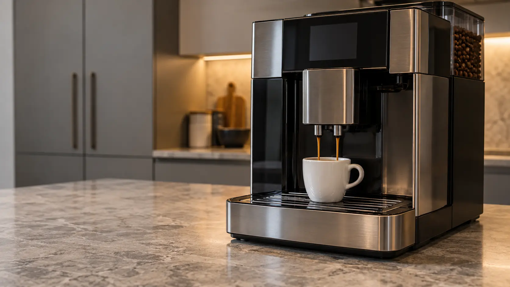 A kitchen island with a countertop coffee machine on it and gray slab cabinets, seen close at the coffee machine's spouts.