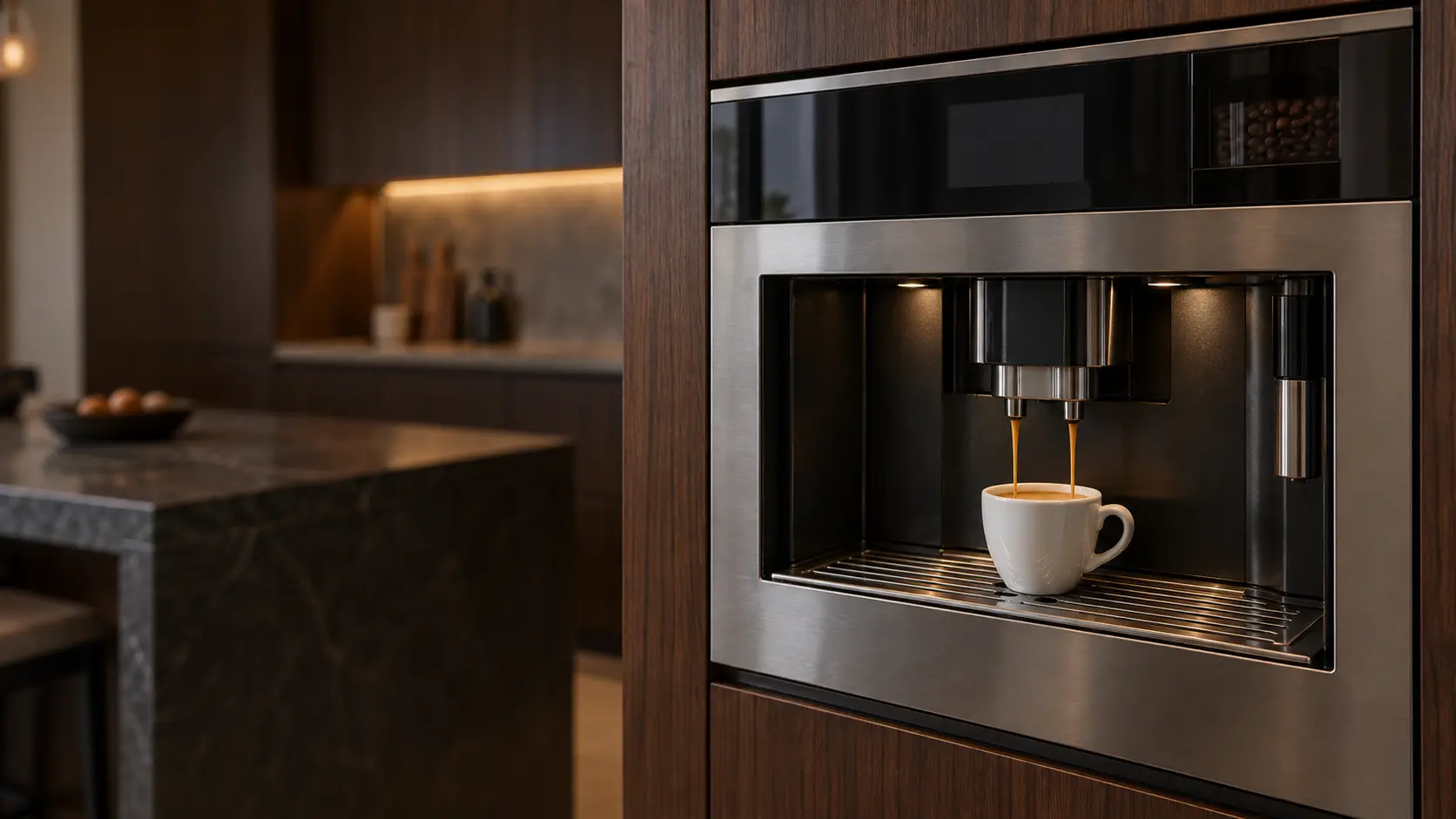 A kitchen with a built-in coffee machine in a tall cabinet and dark walnut cabinets, seen close at the coffee machine's spouts.