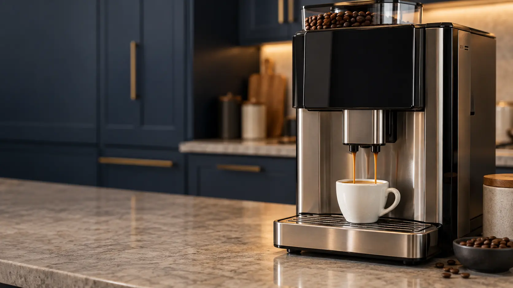 A kitchen with a countertop coffee machine on the counter and navy painted cabinets, seen close at the coffee machine's spouts.