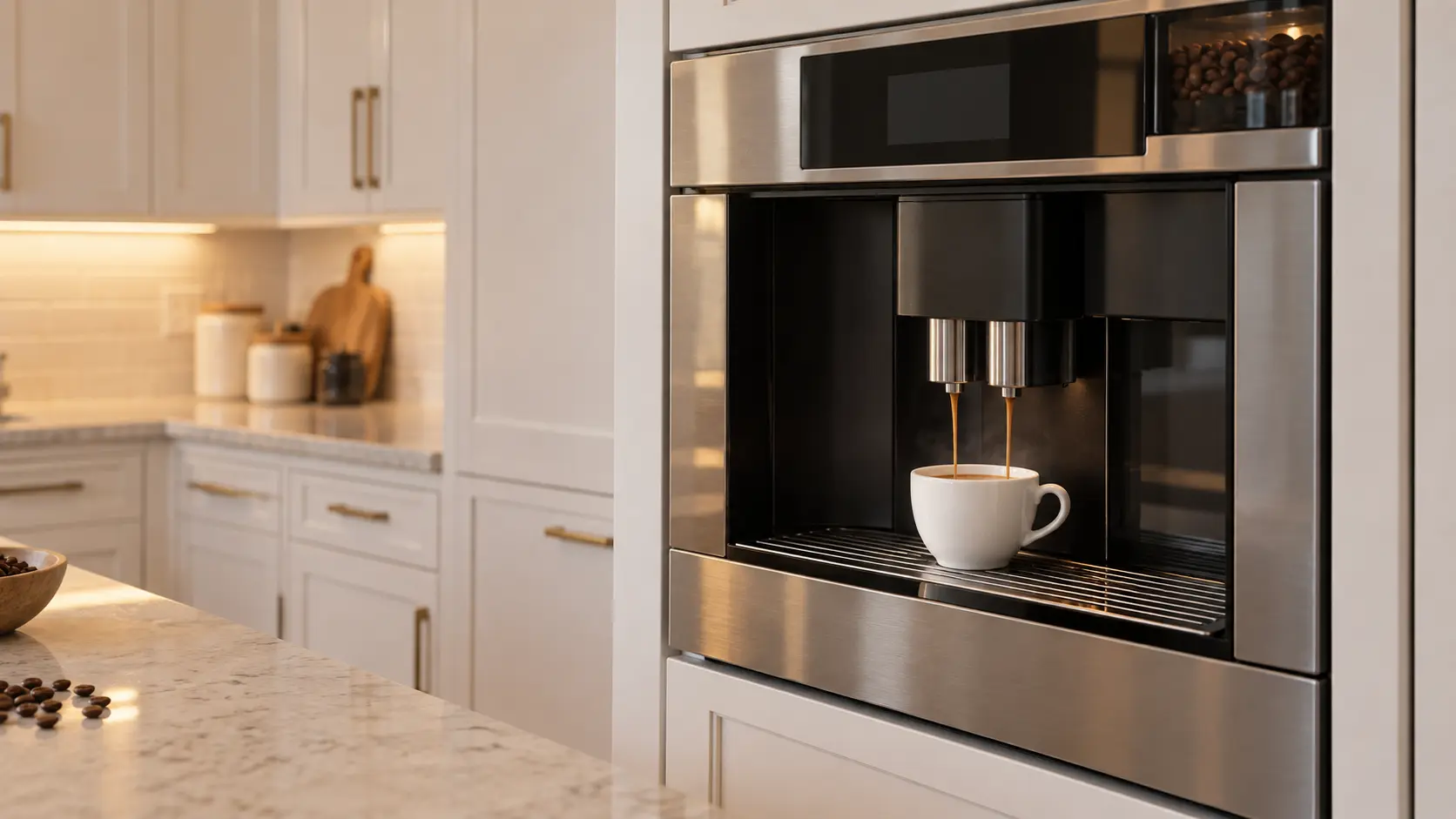 A kitchen with a built-in coffee machine in a tall cabinet and white shaker cabinets, seen close at the coffee machine's spouts.