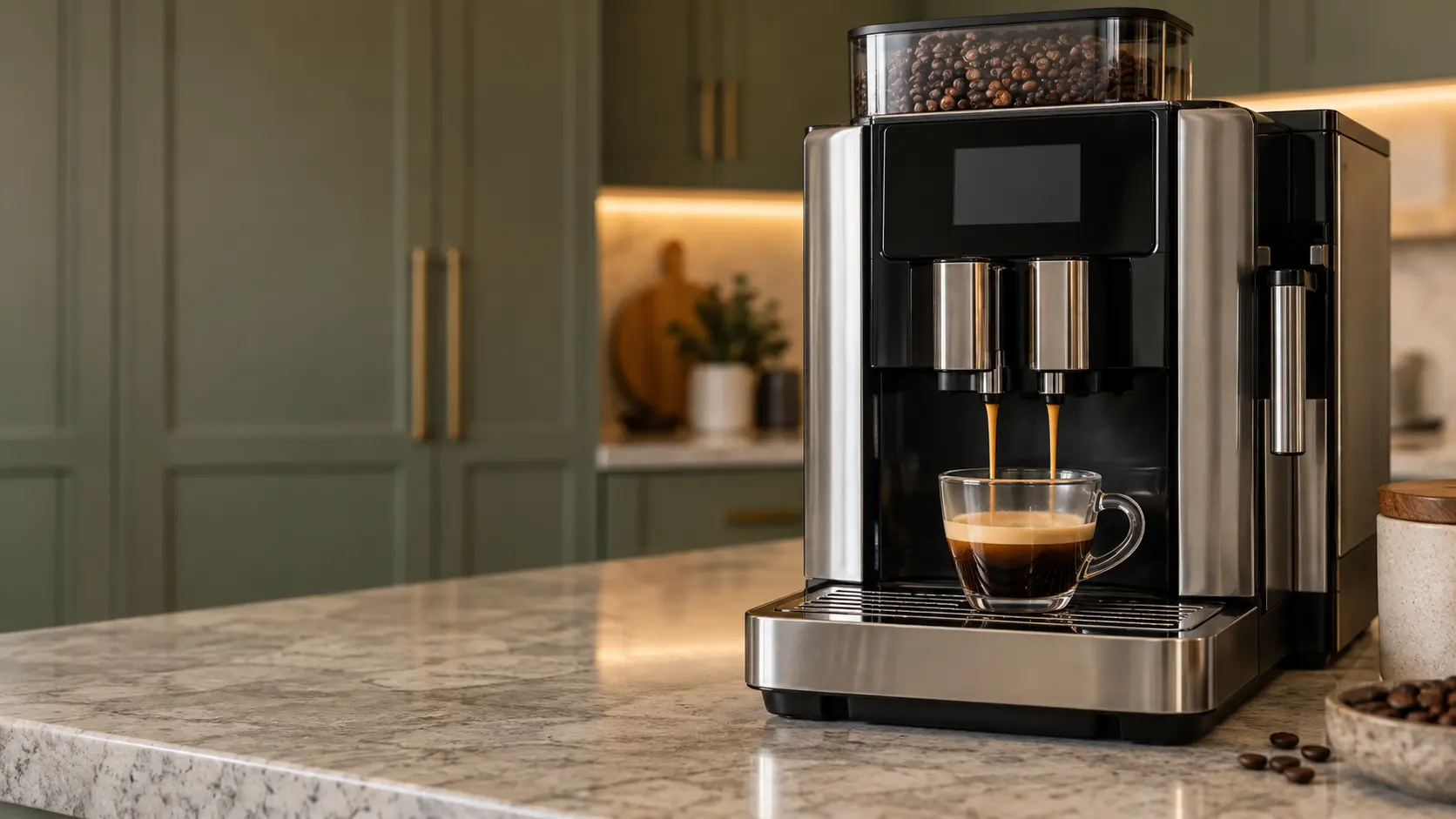 A kitchen island with a countertop coffee machine on it and sage green cabinets, seen close at the coffee machine's spouts.