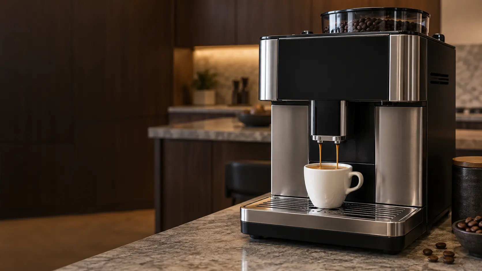 A kitchen with a countertop coffee machine on the counter and dark walnut cabinets, seen close at the coffee machine's spouts.