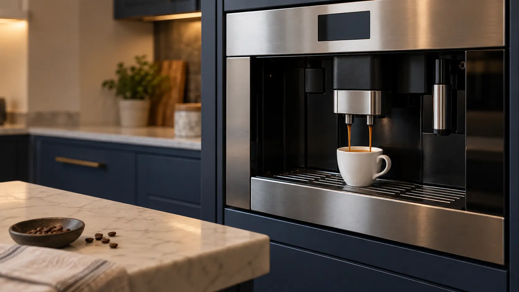A kitchen with a built-in coffee machine in a tall cabinet and navy painted cabinets, seen close at the coffee machine's spouts.
