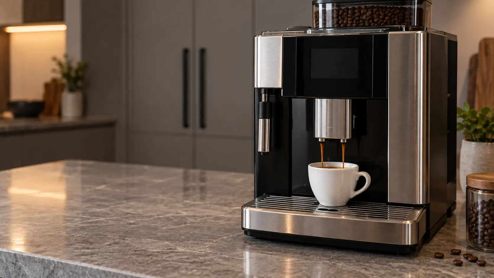 A kitchen with a countertop coffee machine on the counter and gray slab cabinets, seen close at the coffee machine's spouts.