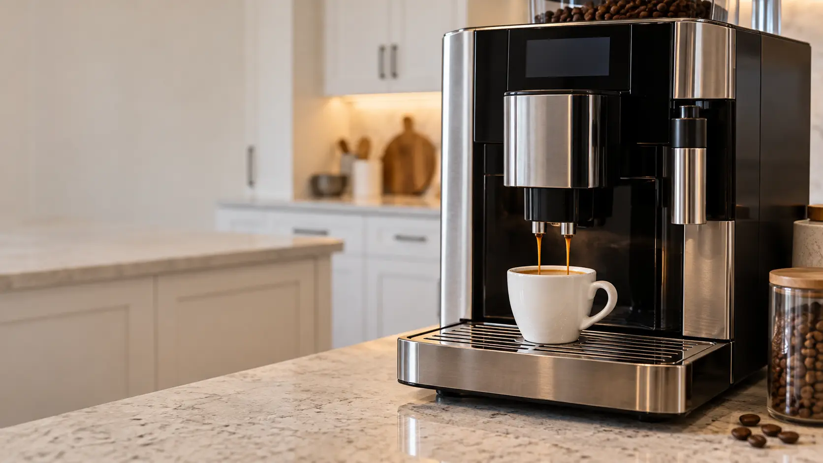 A kitchen with a countertop coffee machine on the counter and white shaker cabinets, seen close at the coffee machine's spouts.