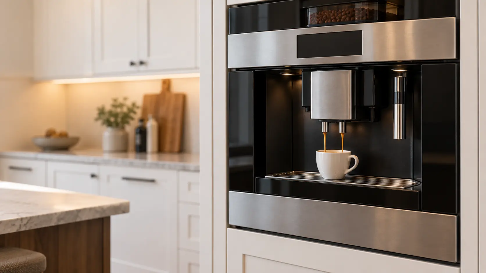 A kitchen with a built-in coffee machine in a tall cabinet and white shaker cabinets, seen close at the coffee machine's spouts.