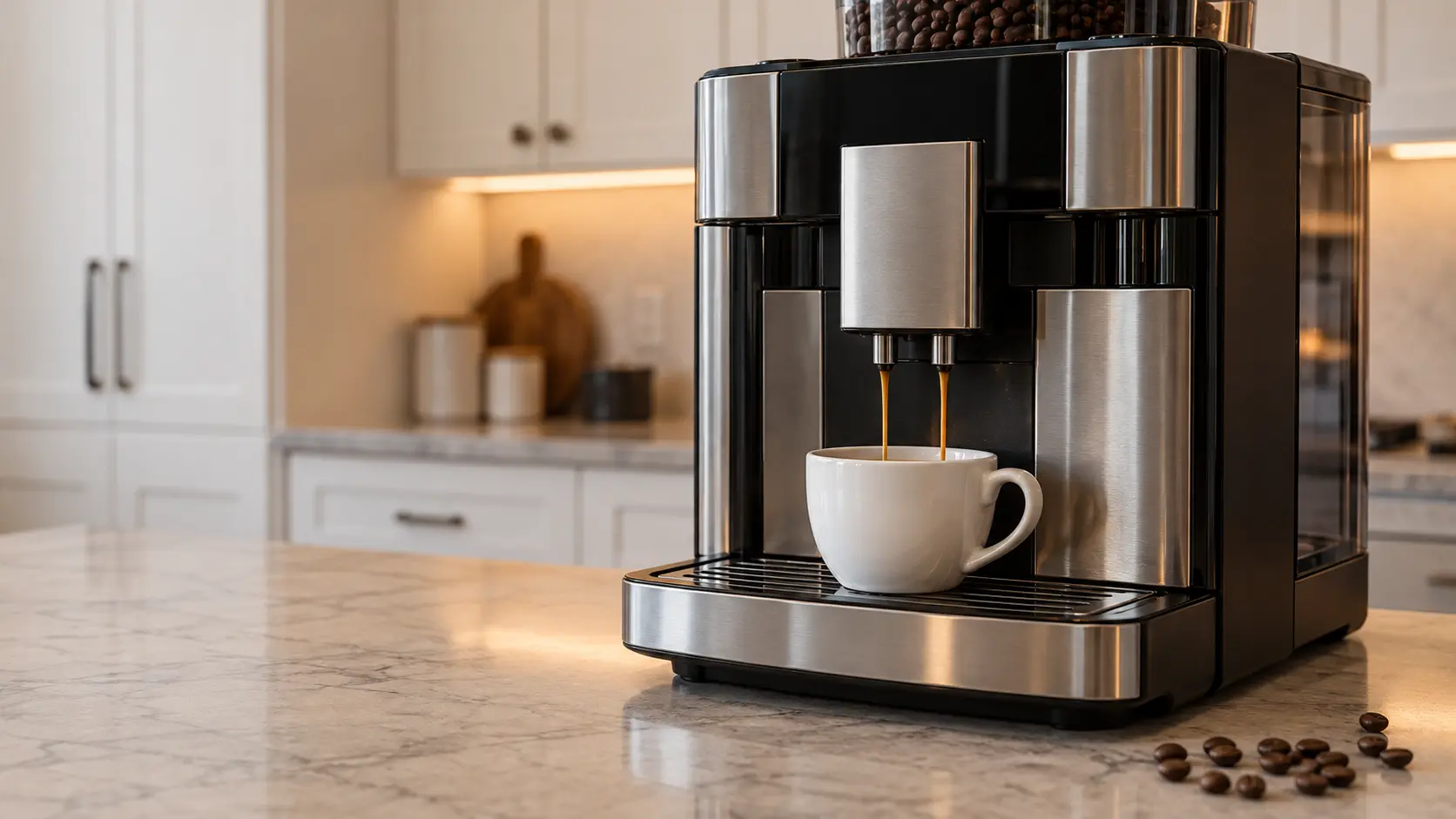 A kitchen island with a countertop coffee machine on it and white shaker cabinets, seen close at the coffee machine's spouts.