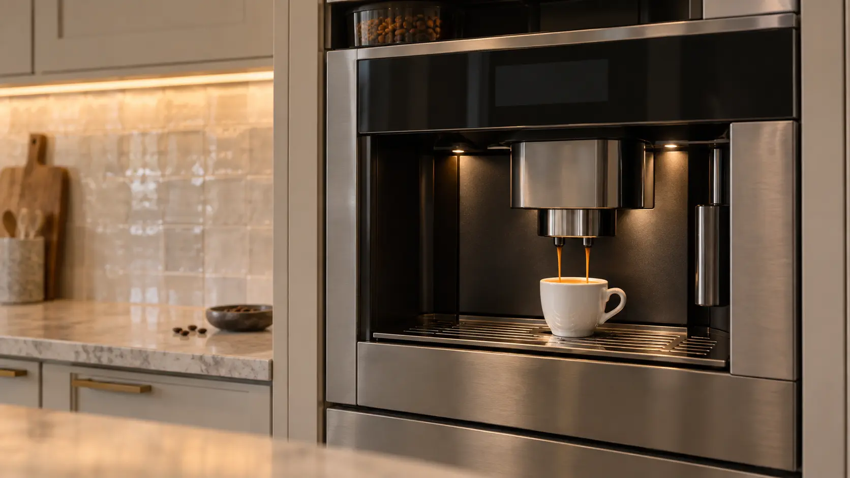 A kitchen with a built-in coffee machine in a tall cabinet and a zellige tile backsplash, seen close at the coffee machine's spouts.