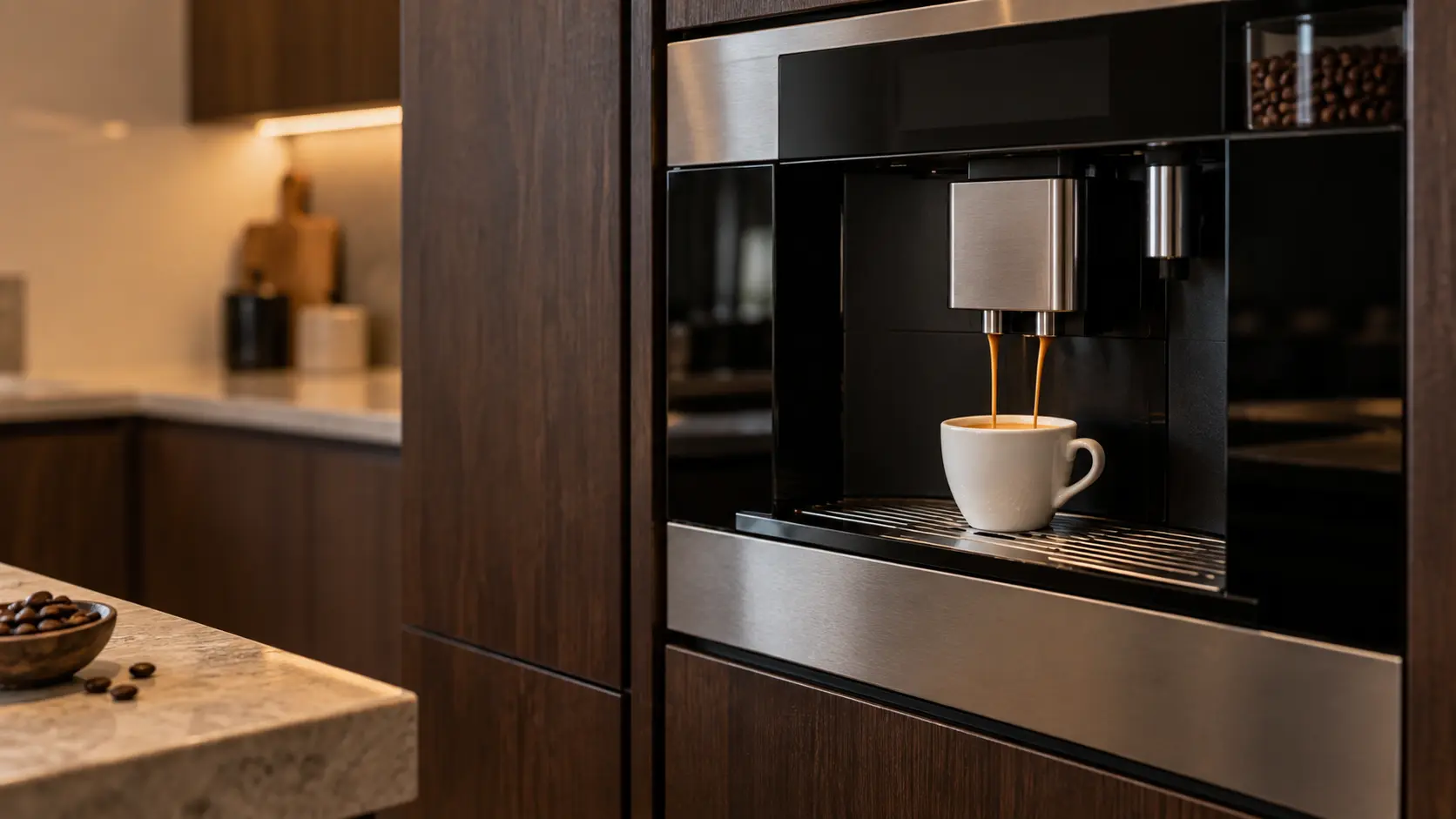 A kitchen with a built-in coffee machine in a tall cabinet and dark walnut cabinets, seen close at the coffee machine's spouts.