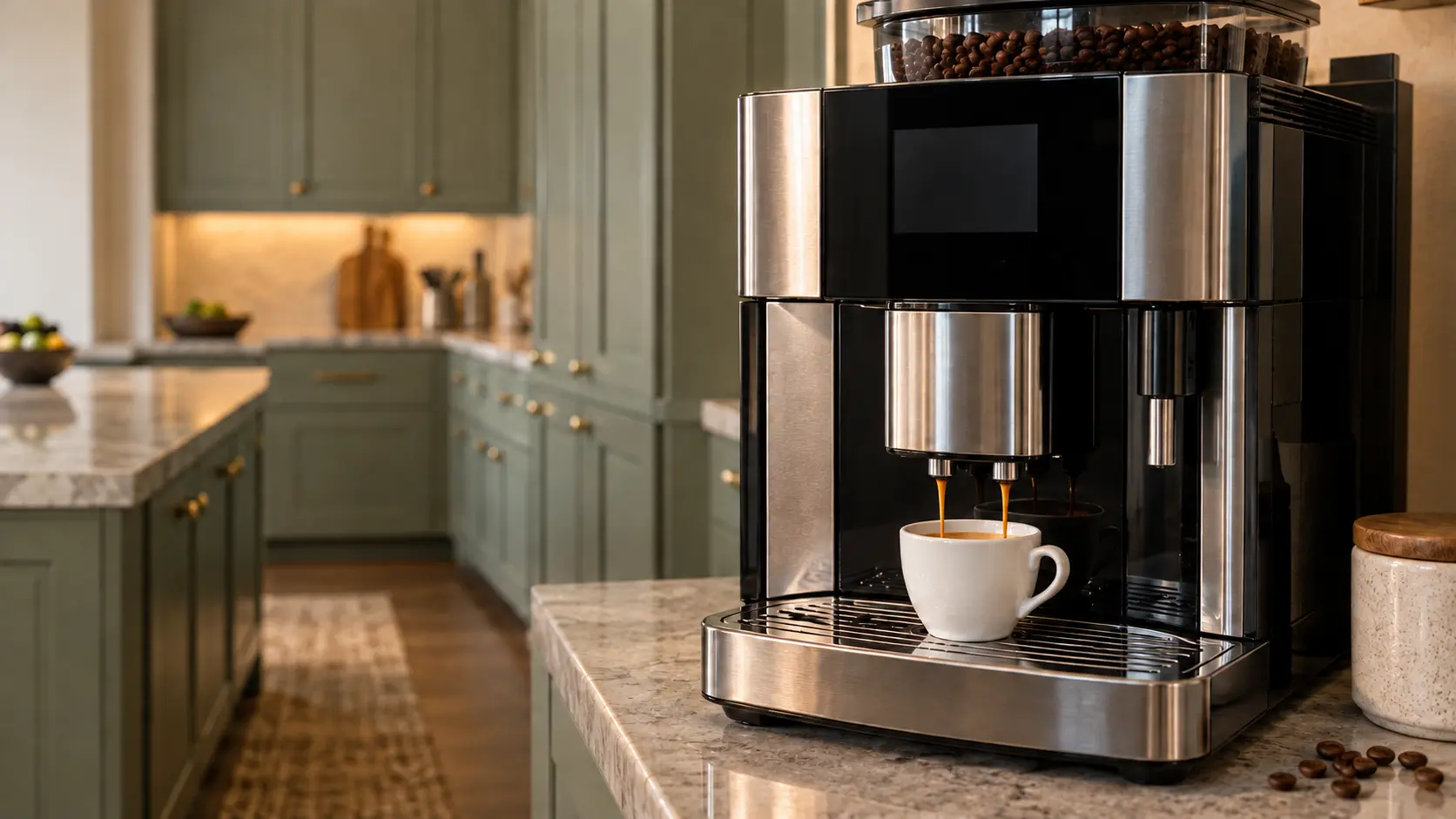 A kitchen with a countertop coffee machine on the counter and sage green cabinets, seen close at the coffee machine's spouts.