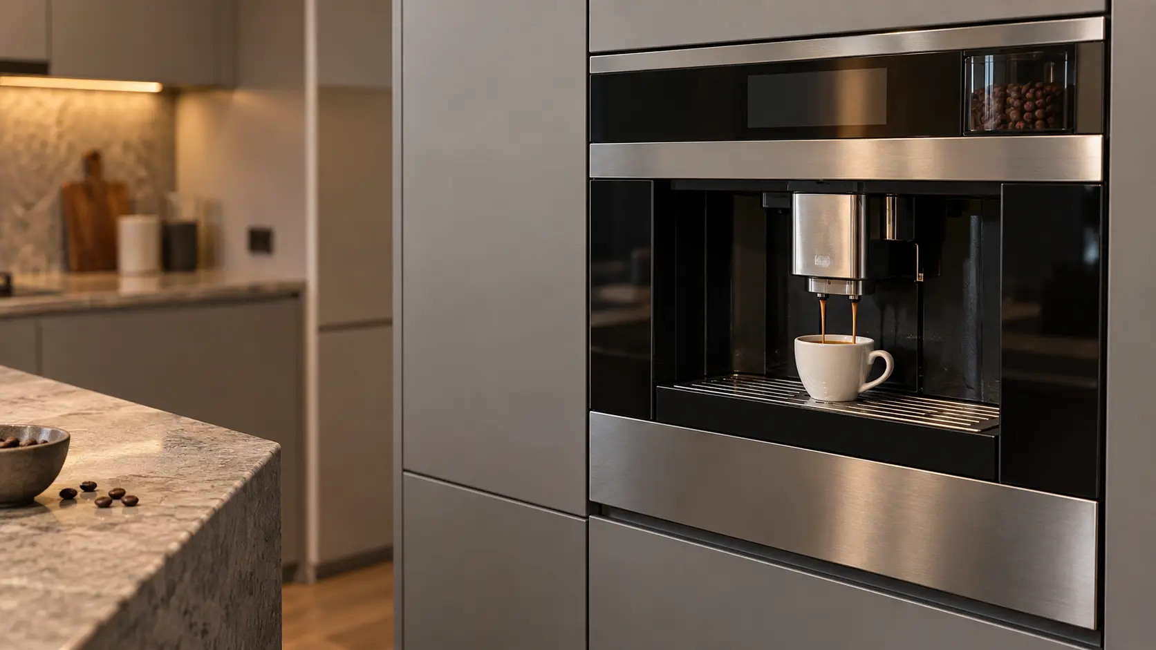 A kitchen with a built-in coffee machine in a tall cabinet and gray slab cabinets, seen close at the coffee machine's spouts.