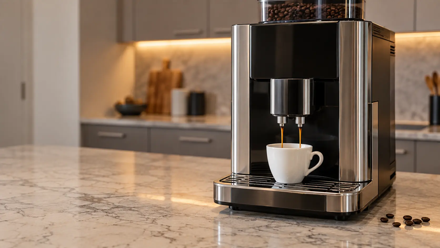 A kitchen island with a countertop coffee machine on it and gray slab cabinets, seen close at the coffee machine's spouts.