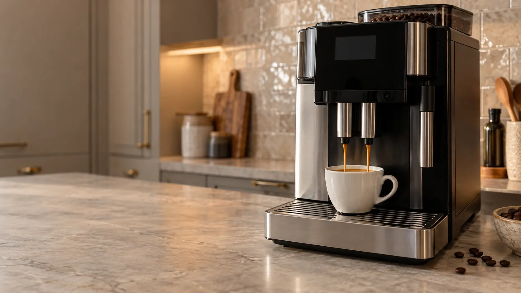 A kitchen island with a countertop coffee machine on it and a zellige tile backsplash, seen close at the coffee machine's spouts.