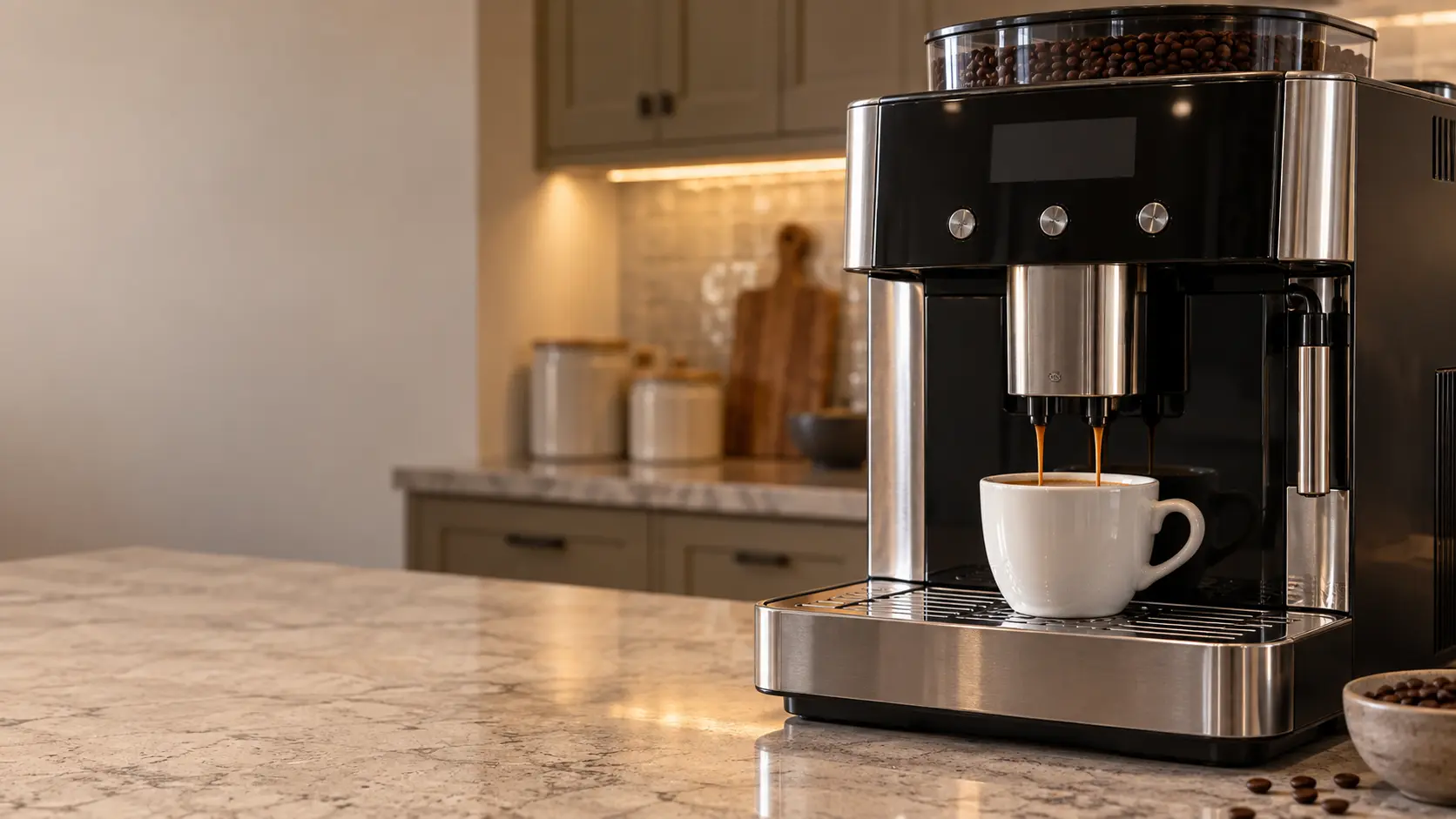 A kitchen with a countertop coffee machine on the counter and a zellige tile backsplash, seen close at the coffee machine's spouts.