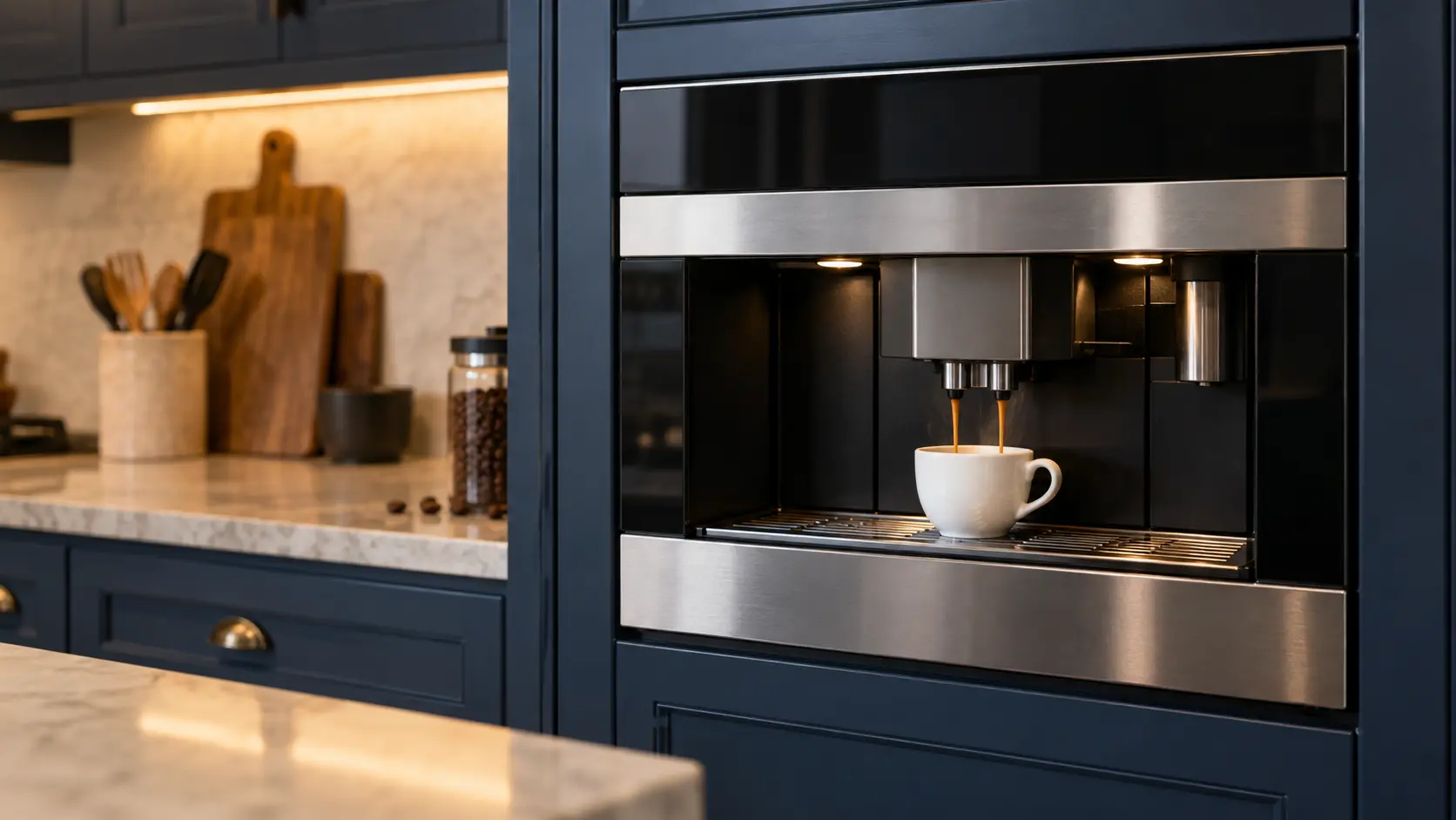 A kitchen with a built-in coffee machine in a tall cabinet and navy painted cabinets, seen close at the coffee machine's spouts.