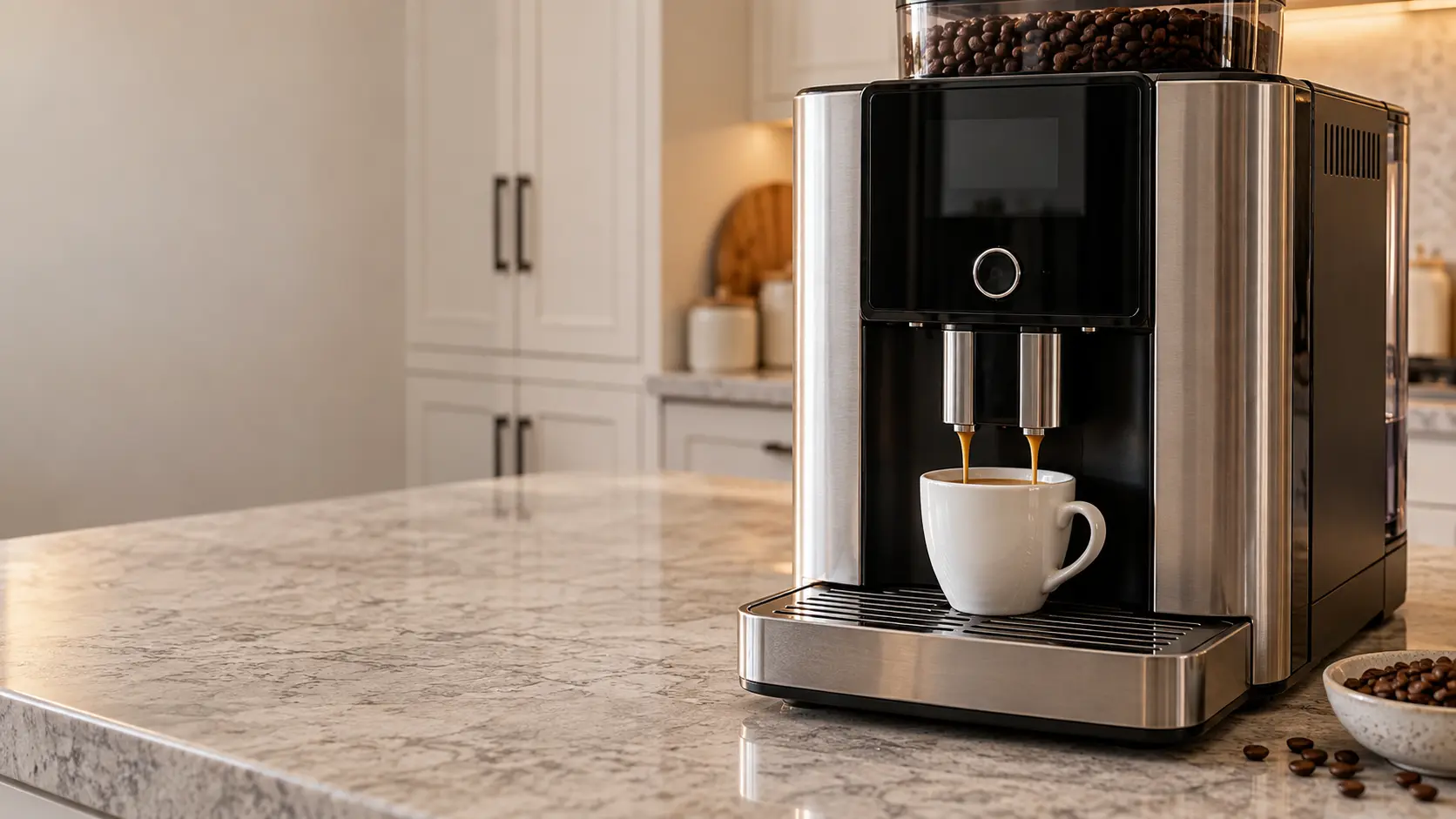 A kitchen with a countertop coffee machine on the counter and white shaker cabinets, seen close at the coffee machine's spouts.