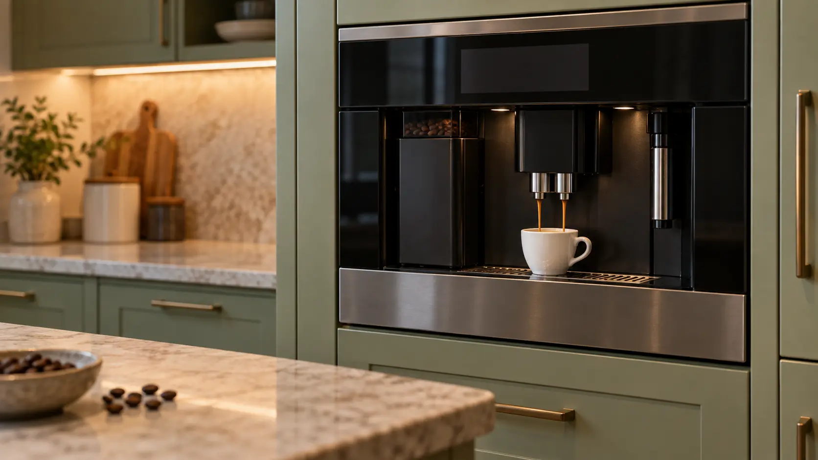 A kitchen with a built-in coffee machine in a tall cabinet and sage green cabinets, seen close at the coffee machine's spouts.