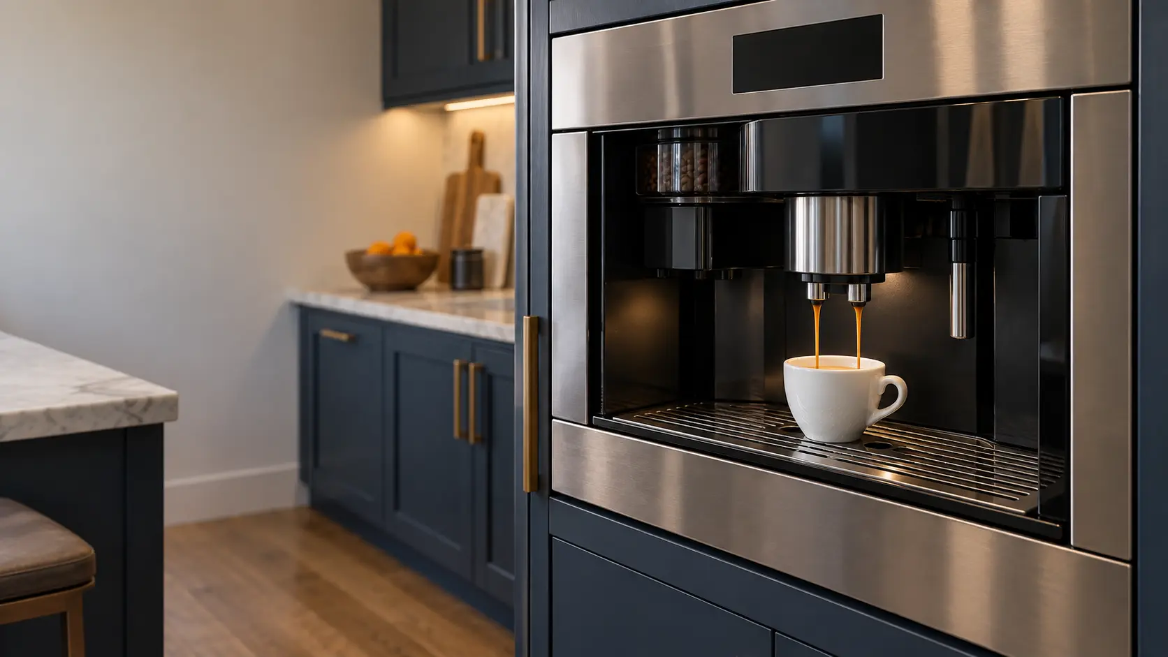 A kitchen with a built-in coffee machine in a tall cabinet and navy painted cabinets, seen close at the coffee machine's spouts.