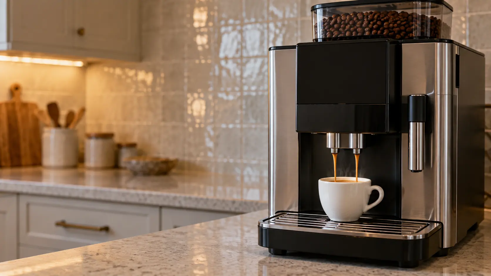 A kitchen with a countertop coffee machine on the counter and a zellige tile backsplash, seen close at the coffee machine's spouts.