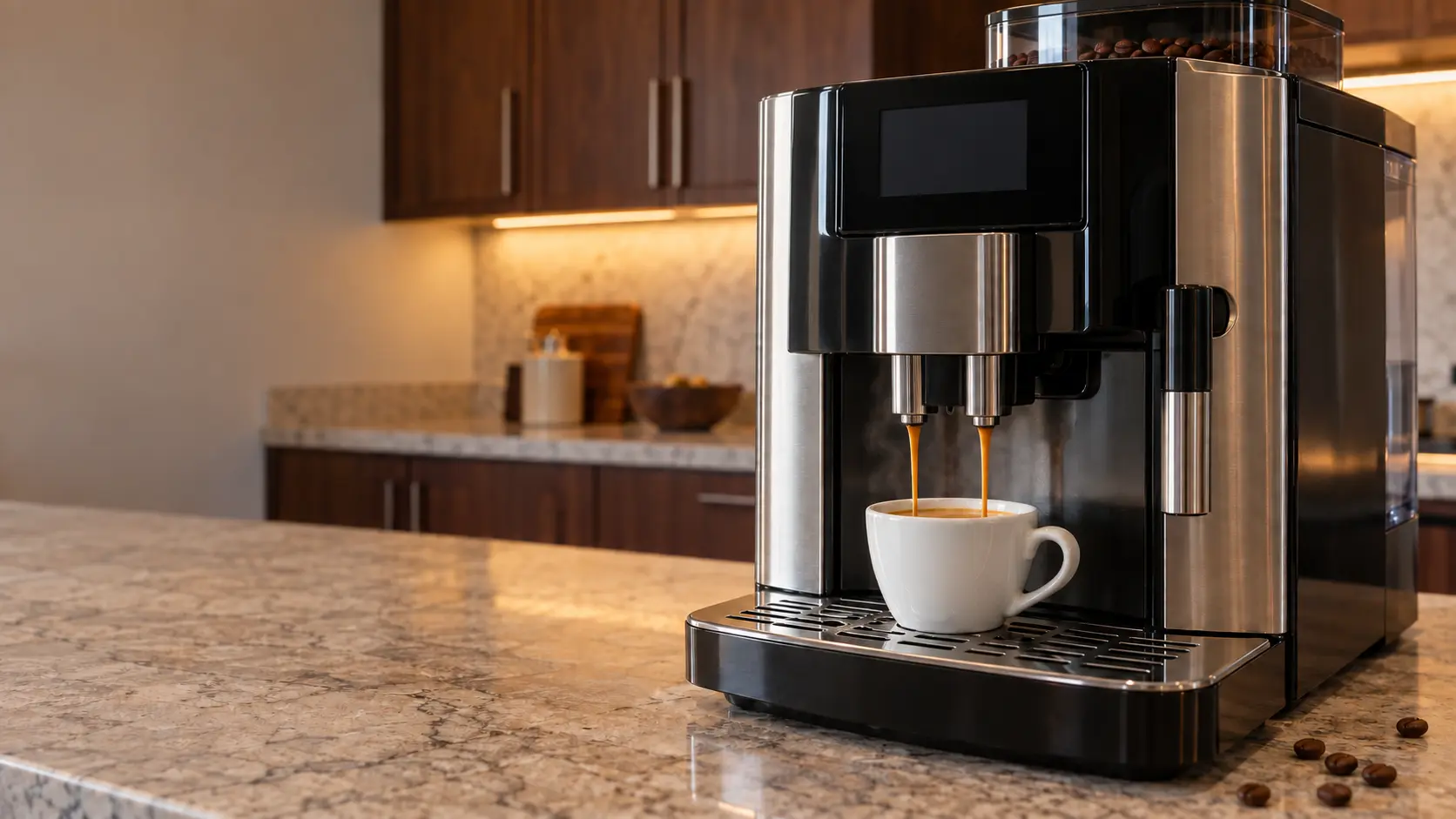 A kitchen island with a countertop coffee machine on it and dark walnut cabinets, seen close at the coffee machine's spouts.