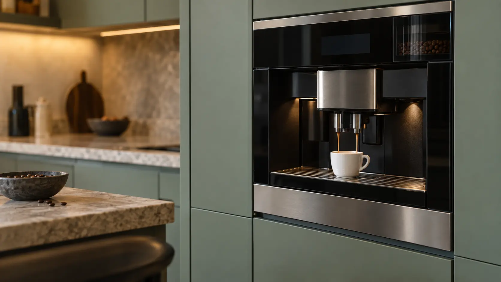 A kitchen with a built-in coffee machine in a tall cabinet and sage green cabinets, seen close at the coffee machine's spouts.