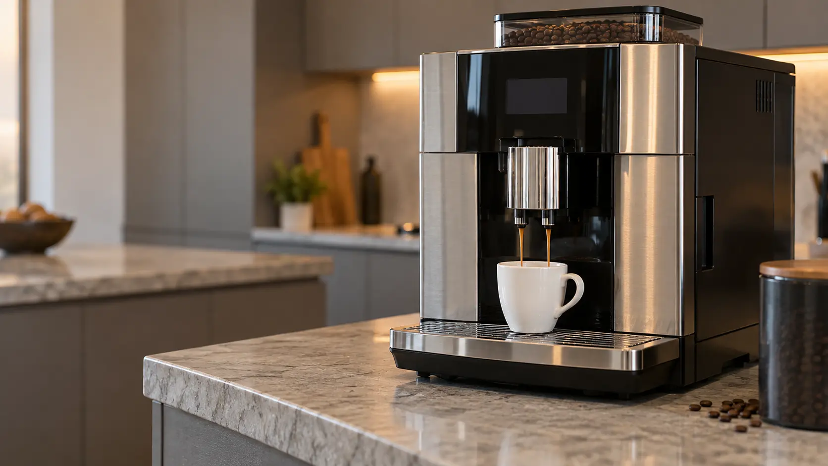 A kitchen with a countertop coffee machine on the counter and gray slab cabinets, seen close at the coffee machine's spouts.