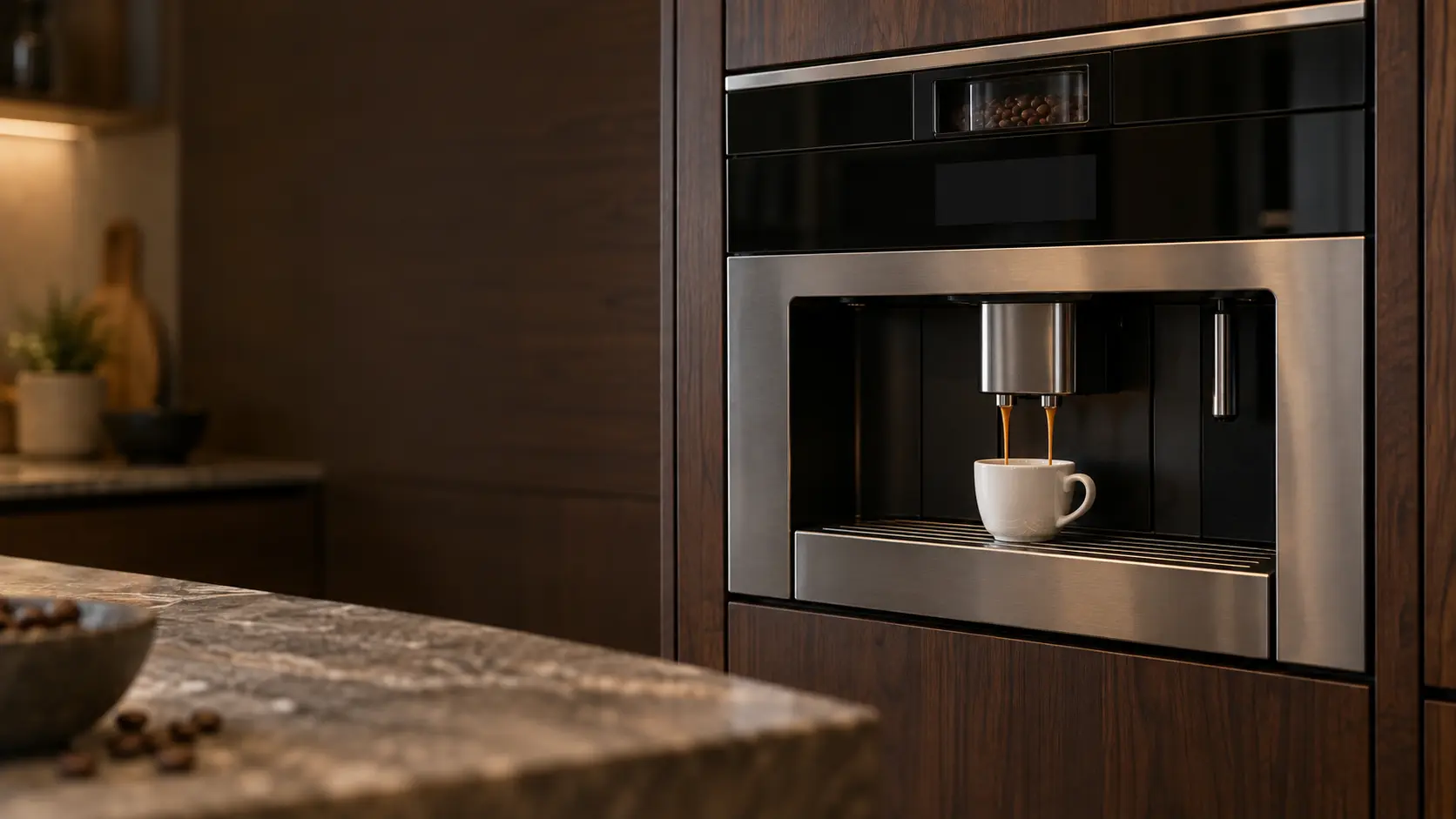 A kitchen with a built-in coffee machine in a tall cabinet and dark walnut cabinets, seen close at the coffee machine's spouts.