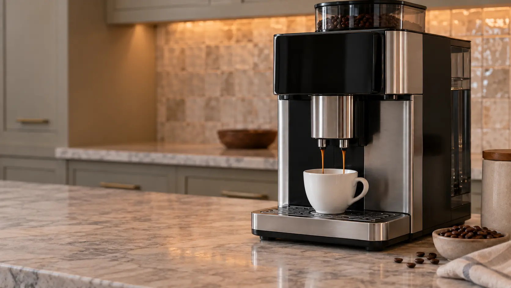 A kitchen island with a countertop coffee machine on it and a zellige tile backsplash, seen close at the coffee machine's spouts.