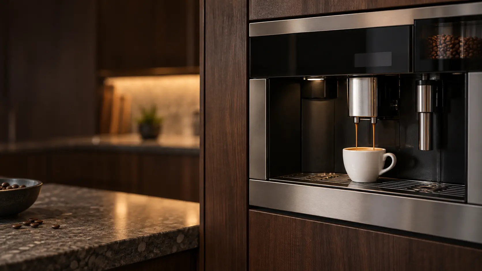 A kitchen with a built-in coffee machine in a tall cabinet and dark walnut cabinets, seen close at the coffee machine's spouts.