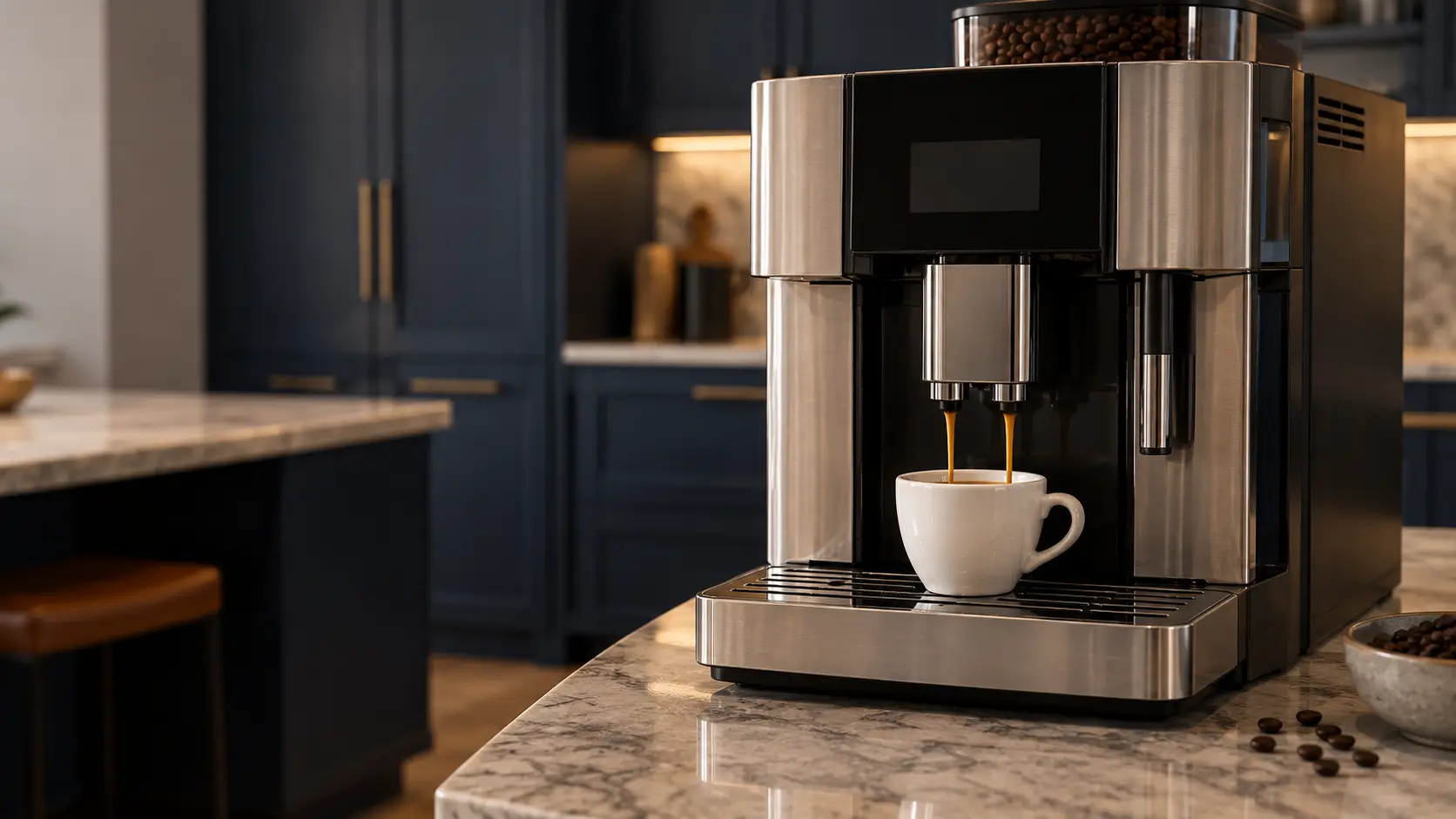 A kitchen with a countertop coffee machine on the counter and navy painted cabinets, seen close at the coffee machine's spouts.