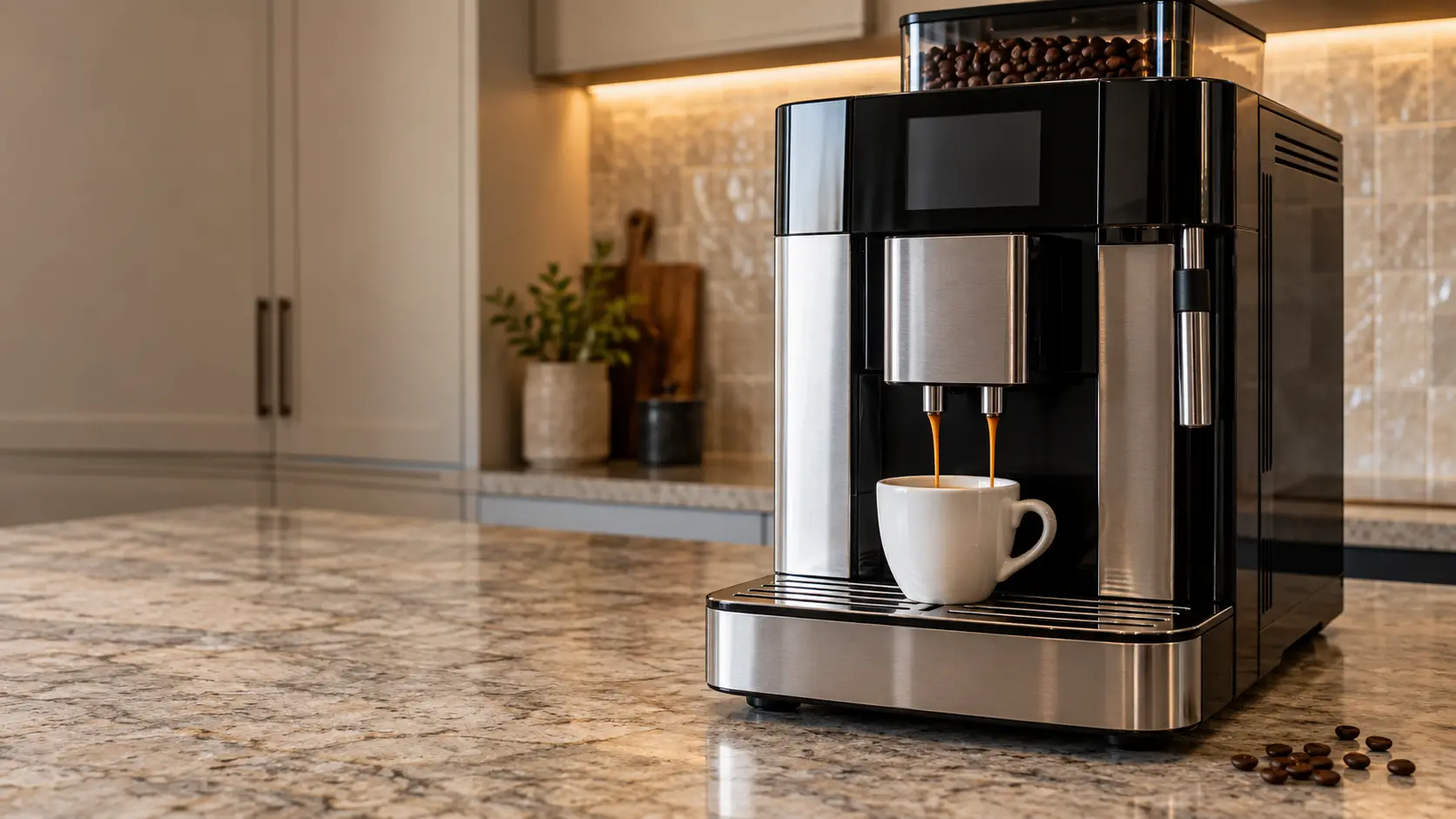A kitchen island with a countertop coffee machine on it and a zellige tile backsplash, seen close at the coffee machine's spouts.