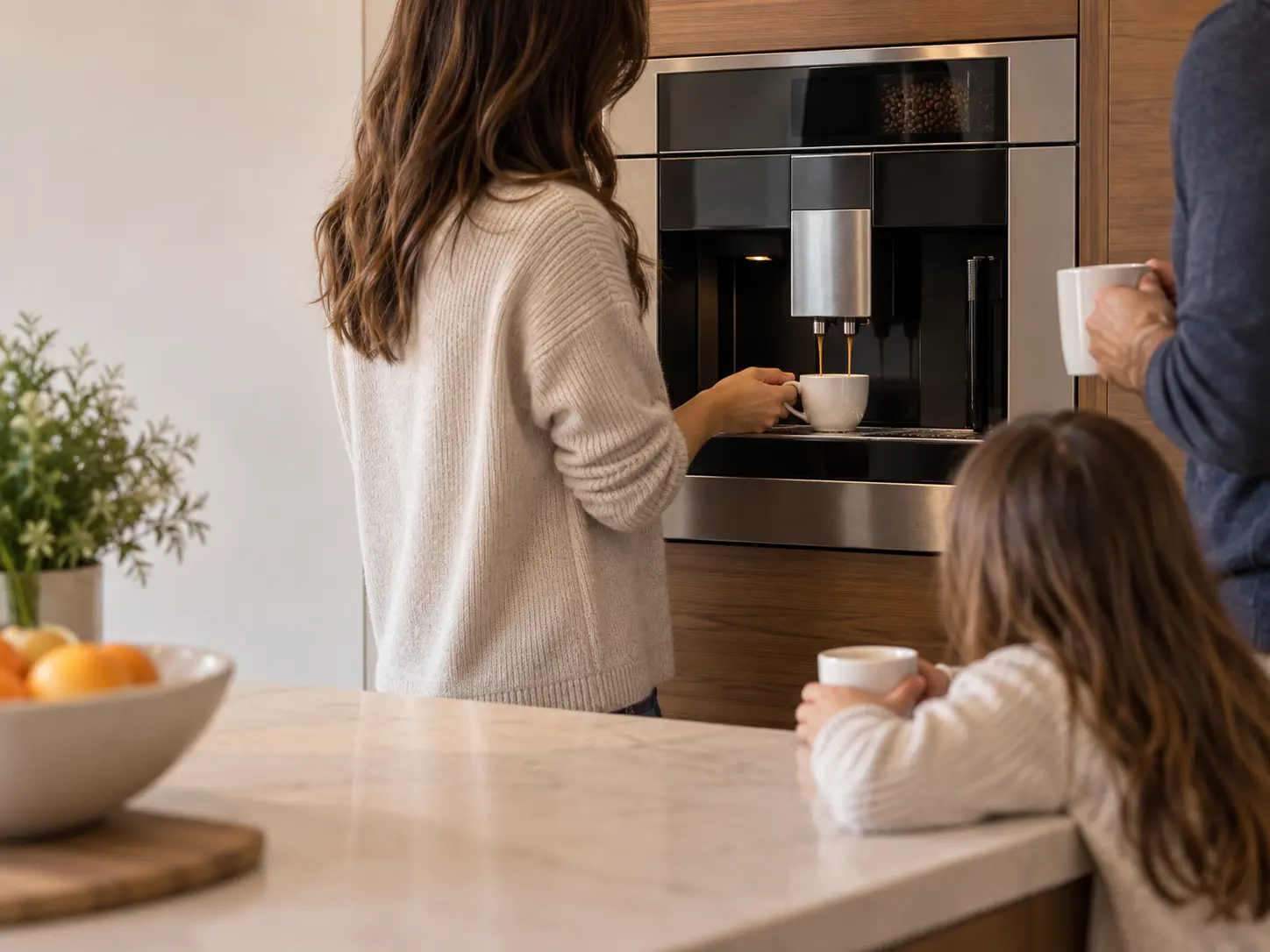 A family sharing morning coffee at a built-in coffee machine in a bright kitchen.