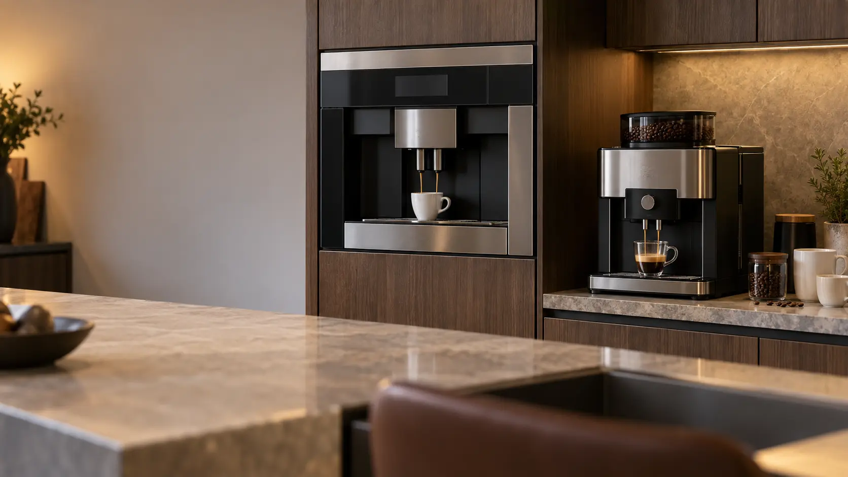 A built-in coffee machine in a tall cabinet and a countertop coffee machine in one kitchen.
