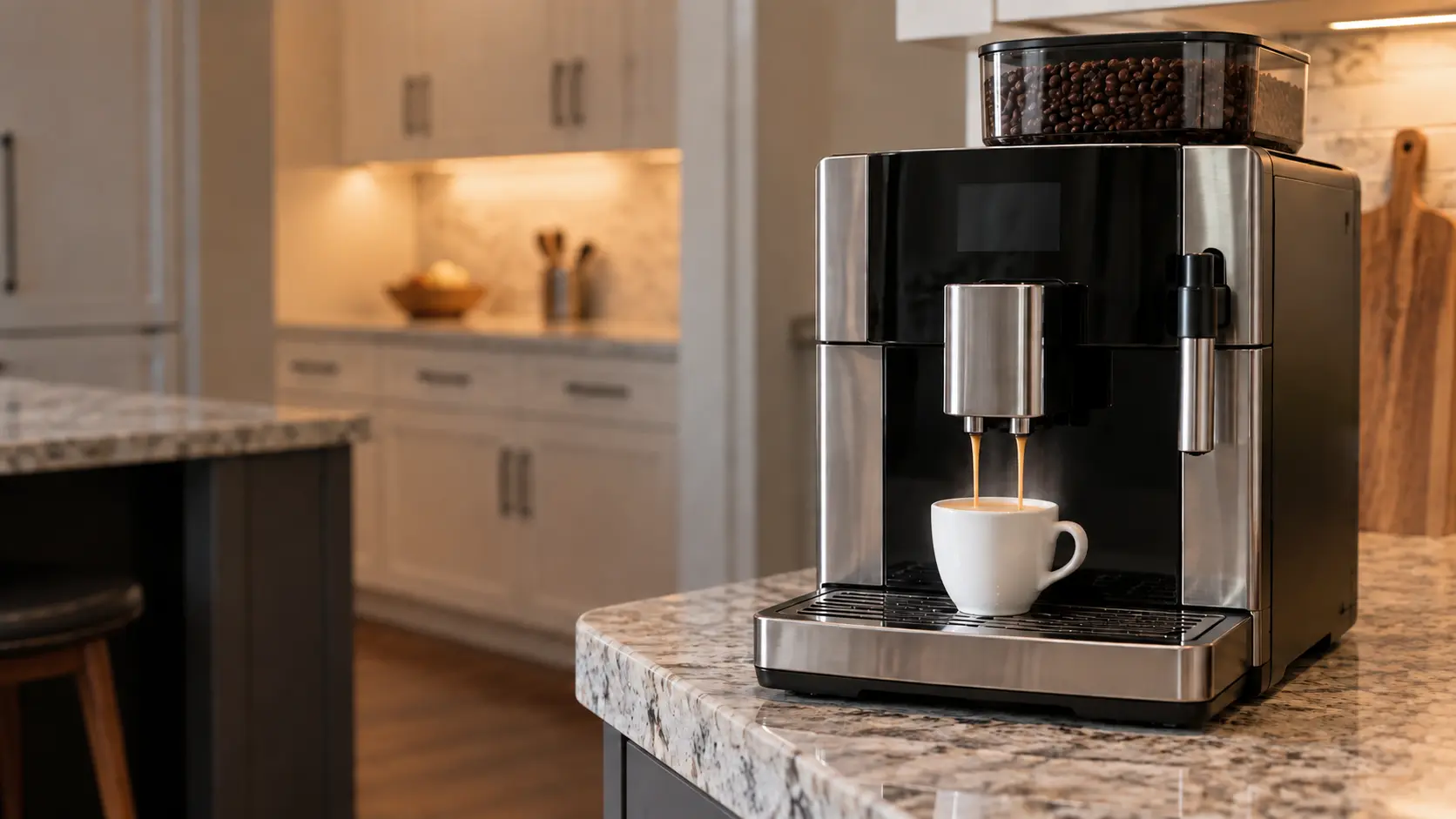 A pale, thin espresso in a white cup under the spouts of a coffee machine.