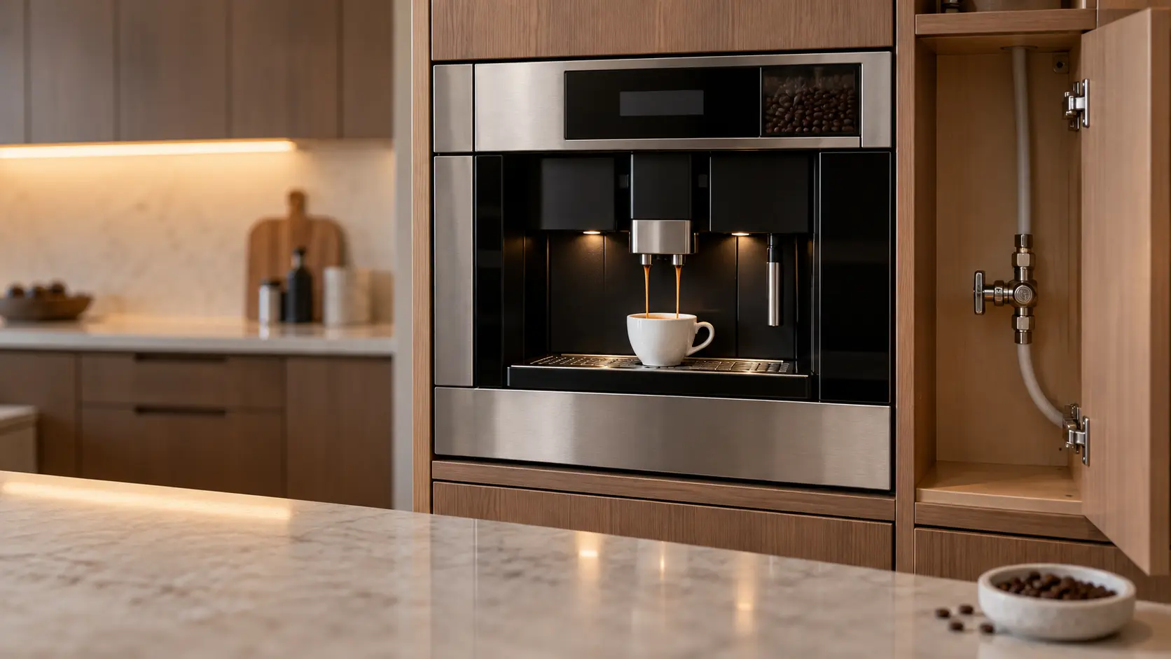 A small water line and shutoff valve inside the empty cabinet space for a built-in coffee machine.