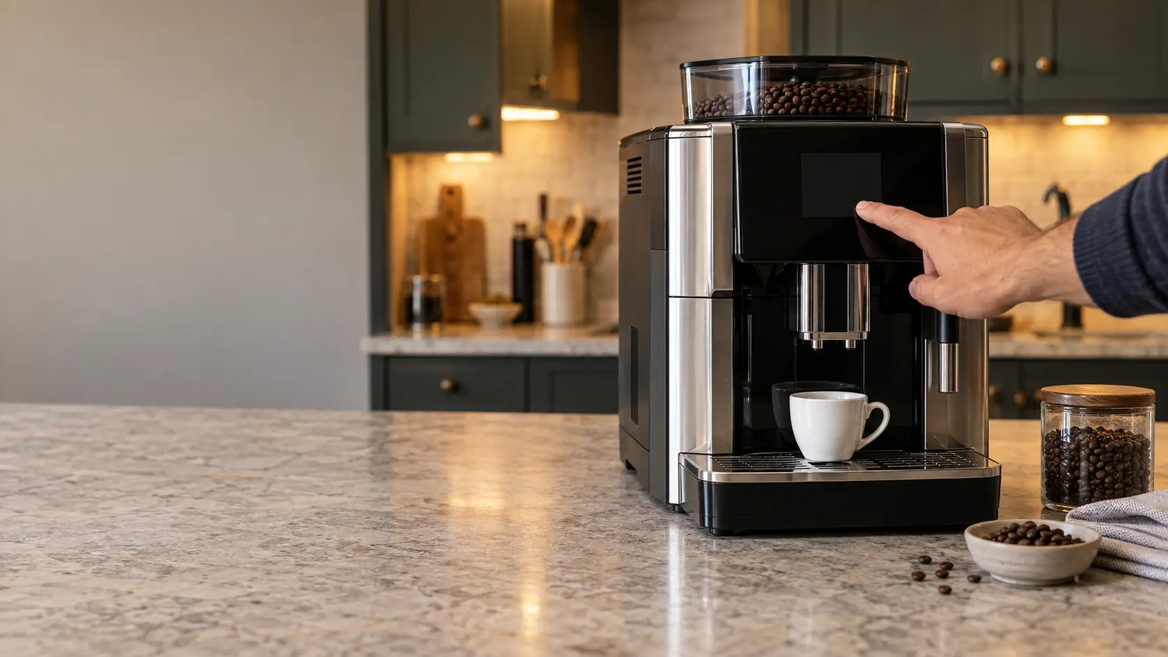 A finger pressing a key on the touch panel of a coffee machine, the display dark.