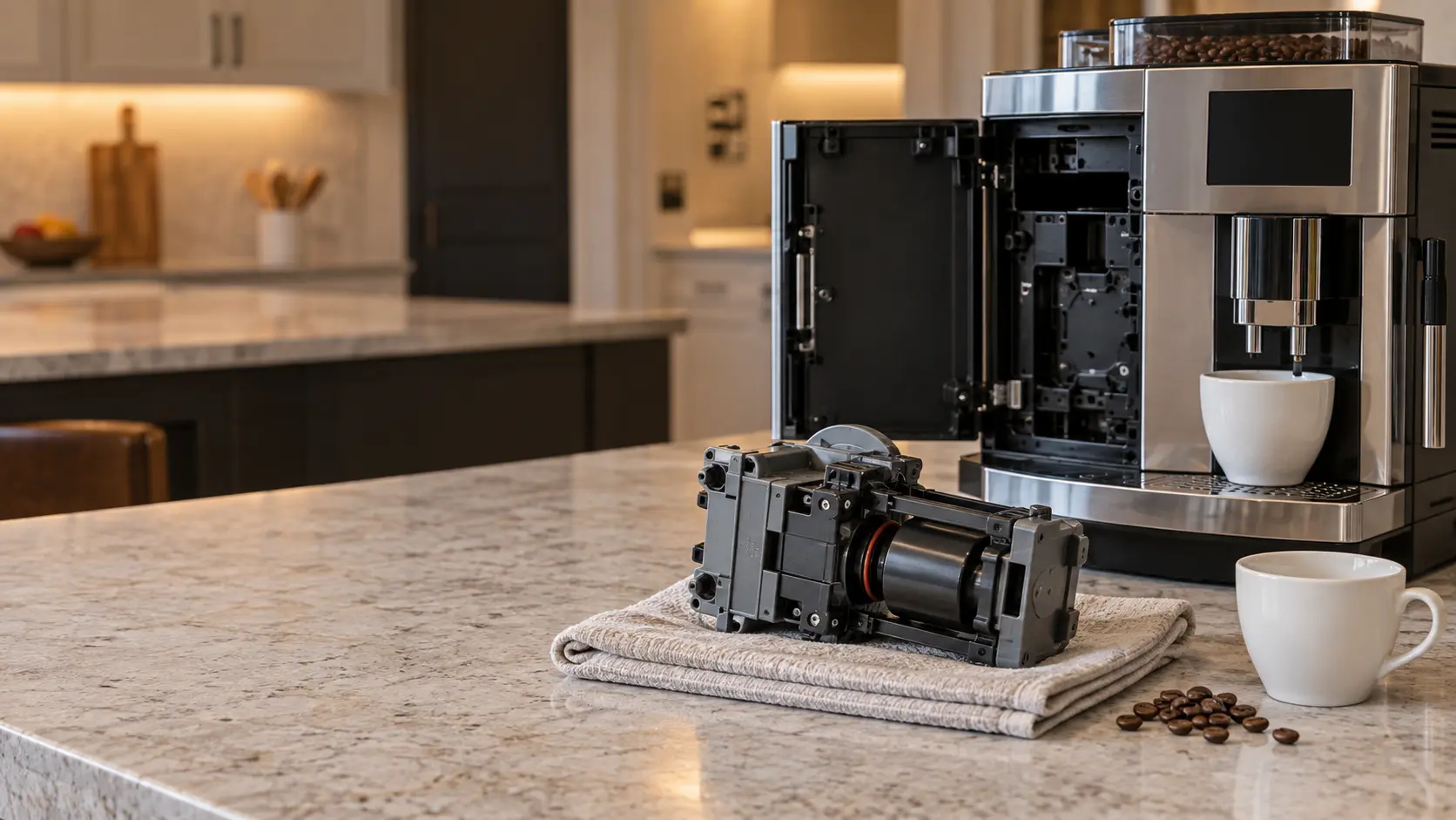 A clean coffee machine brew unit, a compact gray and black plastic cylinder with its piston and small rubber seals, resting on a folded cloth on a kitchen counter in a US home beside the open side door of a stainless countertop coffee machine, a plain white cup and a few coffee beans nearby.