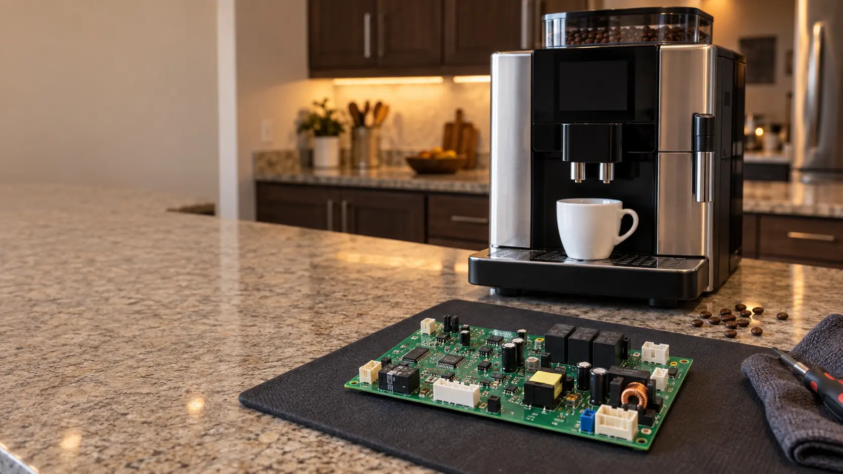 A green coffee machine control board with small relays and connectors lying on an anti-static mat on a kitchen counter in a US home, a stainless countertop coffee machine behind it with its display dark and a plain white cup under the coffee machine's spout, a few coffee beans near the cup.