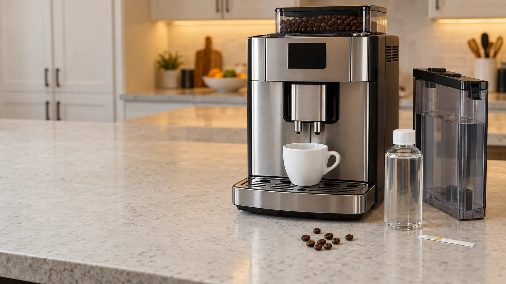 A stainless countertop coffee machine on a kitchen counter in a US home with its water tank lifted out beside it and a plain unlabeled bottle of clear descaling liquid and a white water hardness test strip laid next to the tank, a plain white cup under the coffee machine's spout and a few coffee beans on the counter.