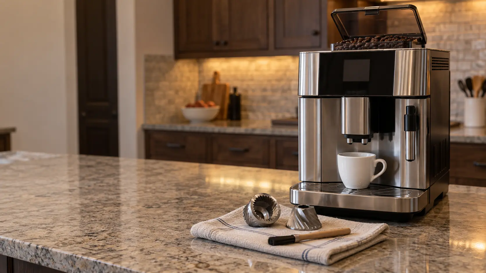 A pair of clean steel conical coffee burrs and a small brush resting on a folded cloth on a kitchen counter in a US home, beside a stainless bean-to-cup coffee machine with its bean hopper lid open and whole coffee beans inside, a plain white cup under the coffee machine's spout.