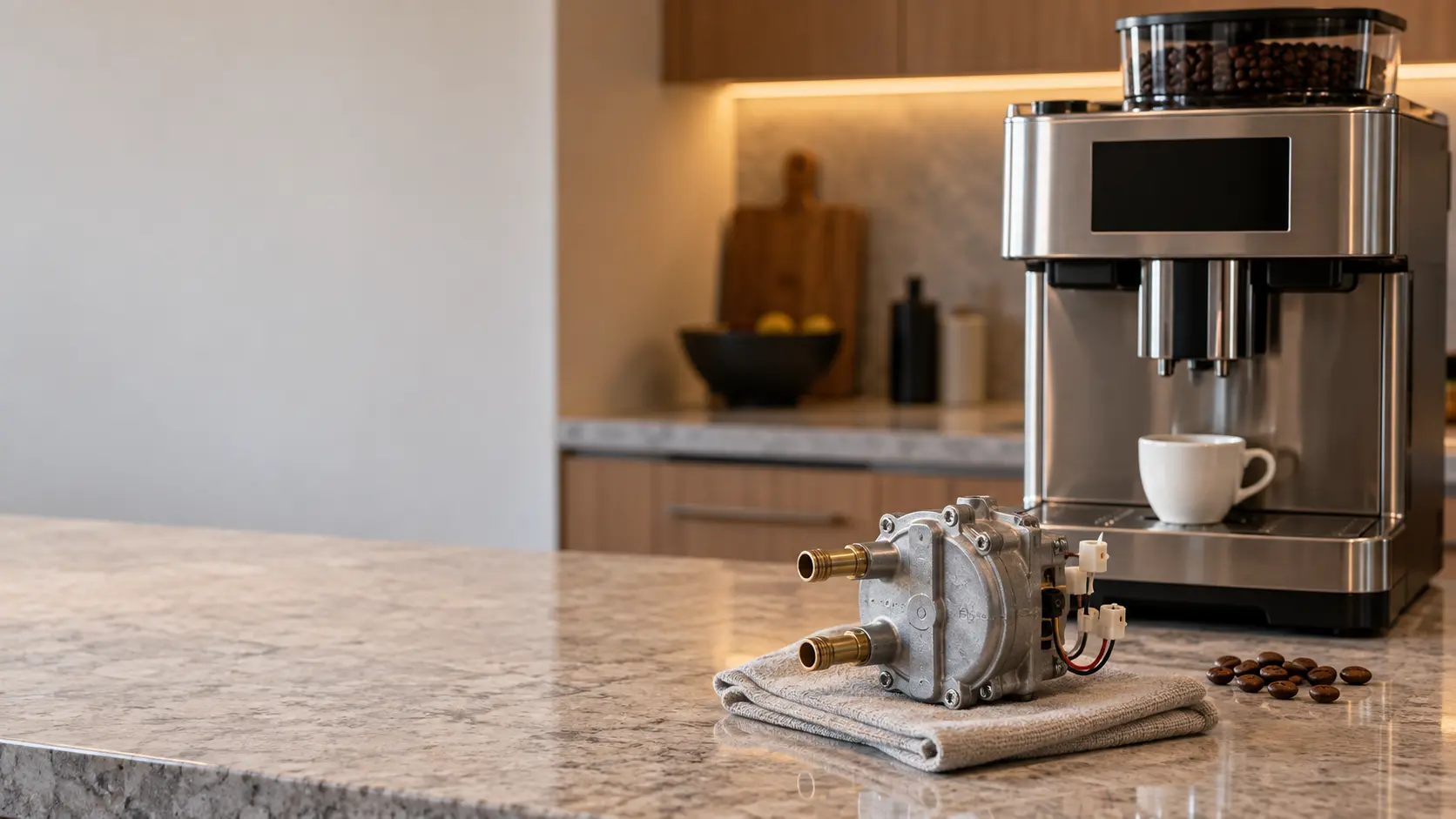 A new coffee machine thermoblock heater, a compact metal block with two short pipe stubs and wire terminals, resting on a folded cloth on a kitchen counter in a US home in front of a stainless countertop coffee machine with a plain white cup under its spout, a few coffee beans beside the cup.