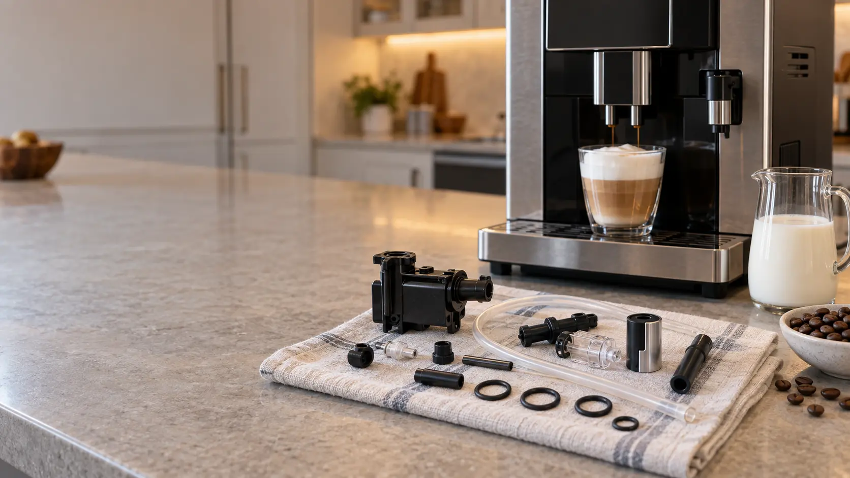A clean coffee machine milk frother taken apart into its small parts, with a thin clear milk tube and a few spare rubber O-rings laid out on a folded cloth on a kitchen counter in a US home, a stainless coffee machine behind them with a glass cup of foamed milk coffee under its spout and a small jug of milk beside it.