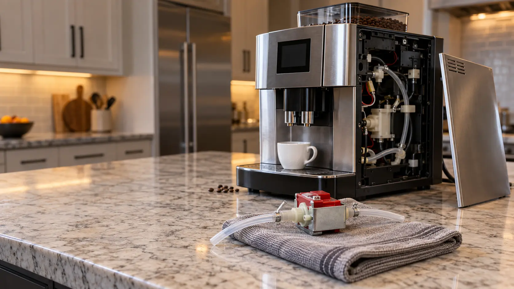 A new small coffee machine vibration pump with short clear silicone hoses resting on a folded cloth on a kitchen counter in a US home, a stainless countertop coffee machine behind it with its side panel set aside, a plain white cup under the coffee machine's spout and a few coffee beans beside it.