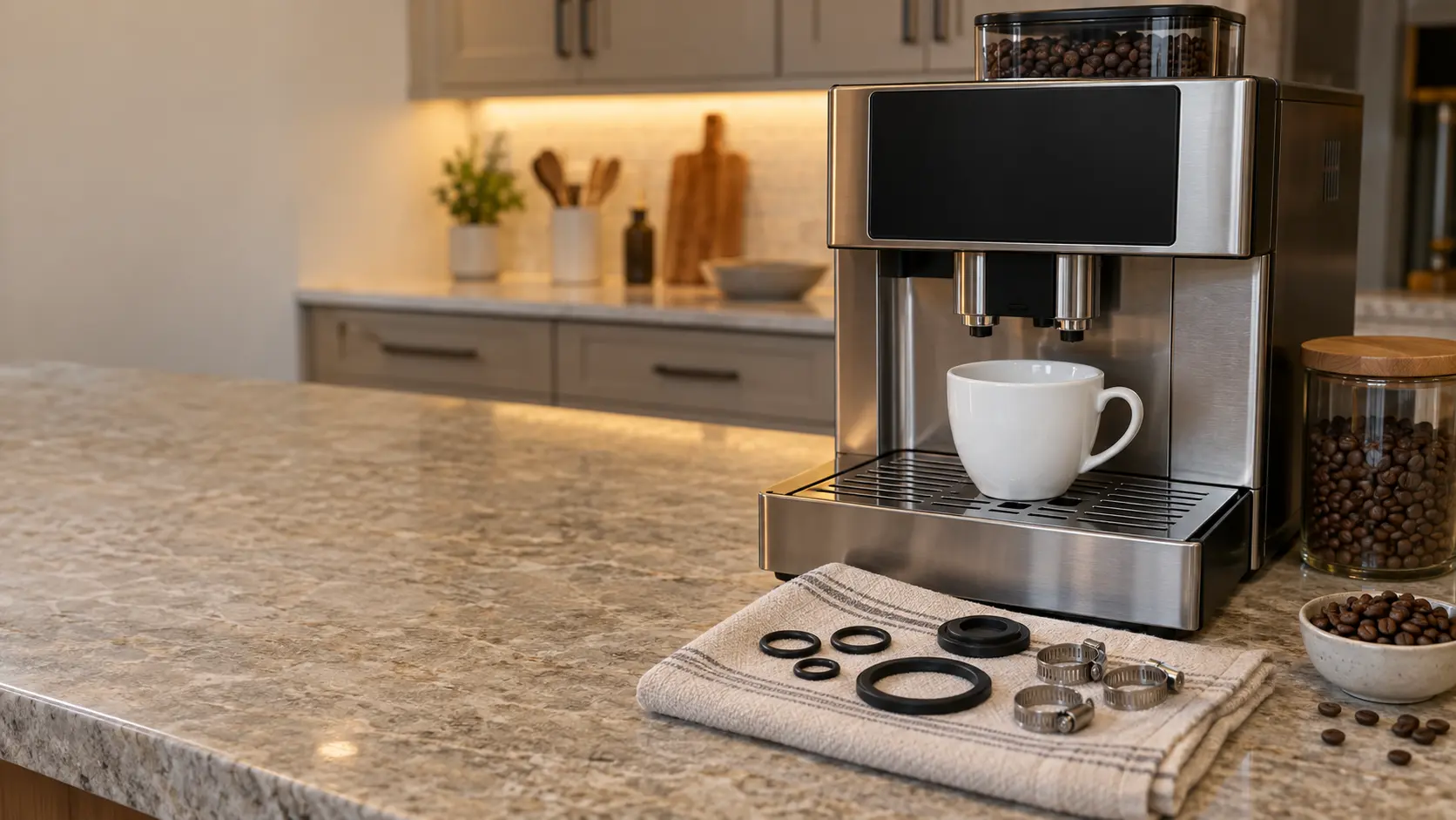 A small set of new rubber O-rings, a black gasket and a few steel hose clips laid out on a folded cloth on a kitchen counter in a US home beside a stainless countertop coffee machine with its drip tray pulled out and dry, a plain white cup under the coffee machine's spout and coffee beans in a small dish.