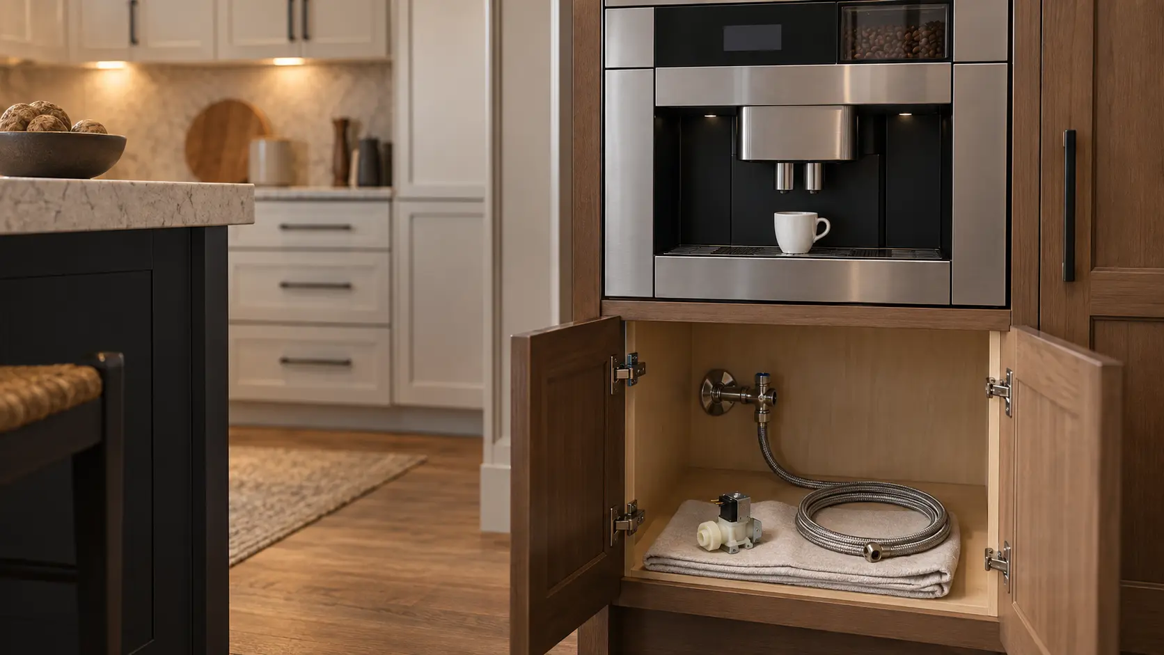 A new small coffee machine water inlet valve and a coiled braided water line laid on a folded cloth on the floor of an open lower kitchen cabinet in a US home, a shutoff valve on the wall of the cabinet, a stainless built-in coffee machine visible above in its tall cabinet with a plain white cup under the coffee machine's spouts.